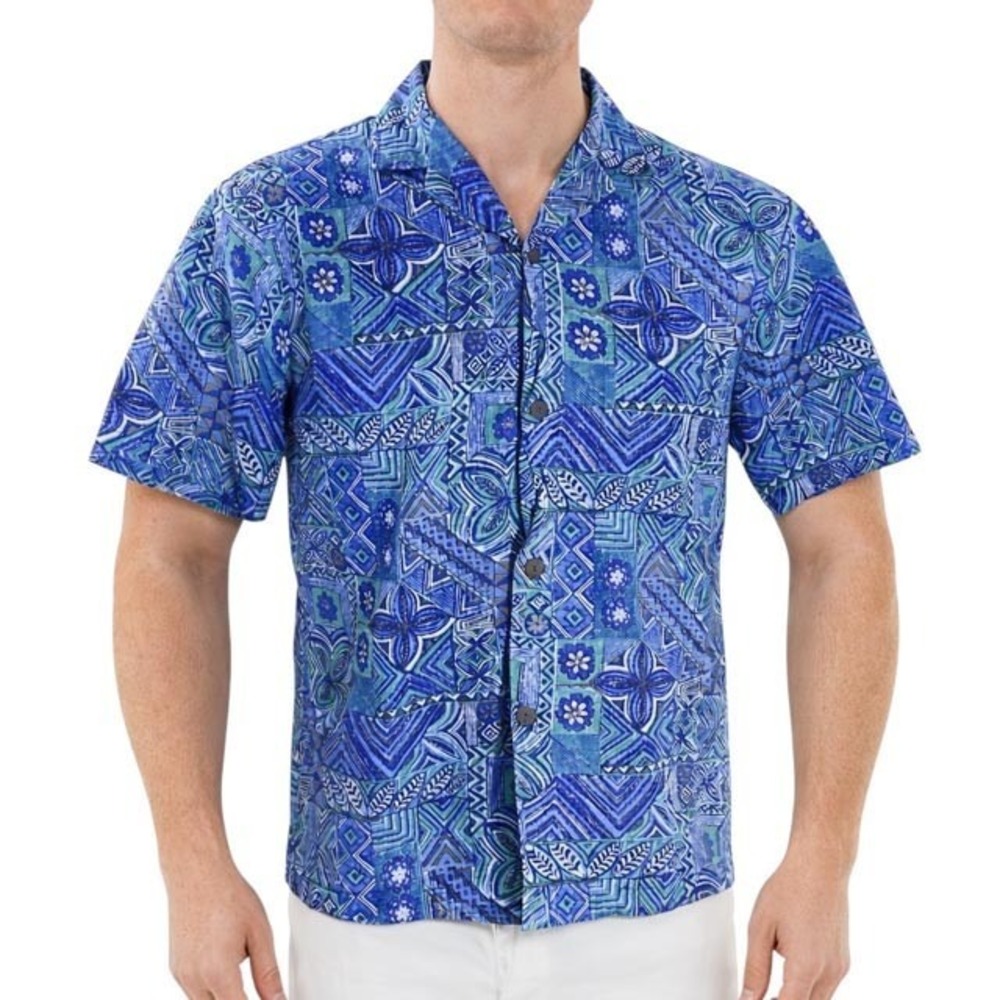 Royal Creations Hawaiian Aloha Shirt Medium Tribal Symbols Floral Blue Green